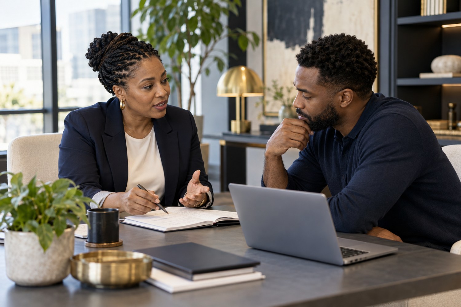 A business coach and entrepreneur discussing goals