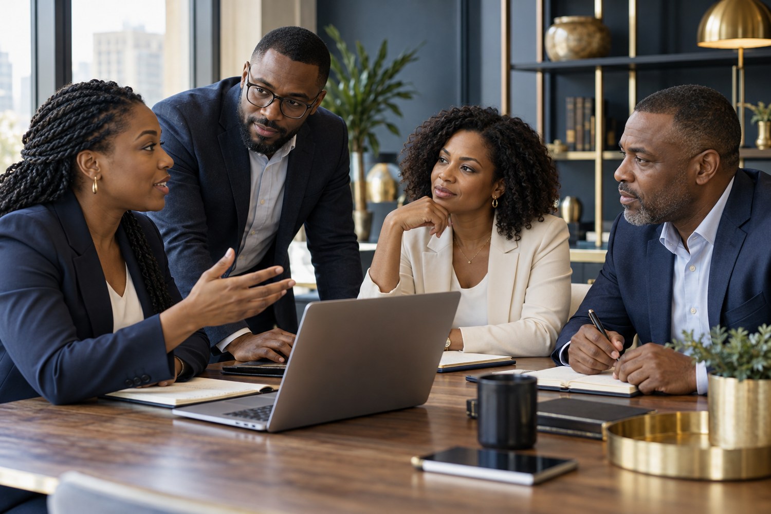 Black business professionals collaborating on a business plan